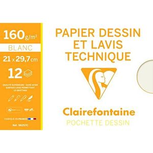 Clairefontaine 96257C tekenpapier, 12 vellen, glad, wit tekenpapier, A4, 21 x 29,7 cm, 160 g, ideaal voor tekeningen en lavis