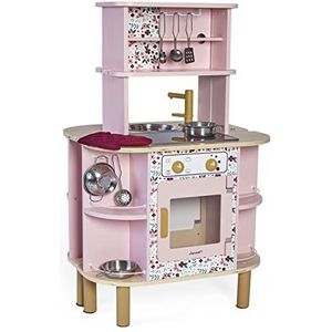 Janod Hout voor kinderen, twist-keuken, dubbelzijdig, 8 accessoires, draaiknoppen, vinylplaat, vanaf 3 jaar, J06616, roze