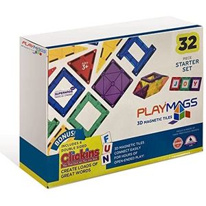 Playmags 32-delige kleurrijke tegel – unieke bekroonde sterke magnetische bouwtegels voor kinderen – creativiteit en educatieve gebouwen voor kinderen – STEM goedgekeurd (32 stuks)