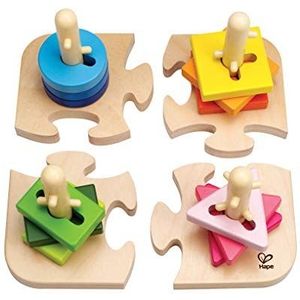 Hape Puzzel met knopen, creatief, logische puzzel van hout voor kinderen, stukjes in heldere kleuren, om te stapelen en te sorteren, vormen met inkepingen om op staven te glijden