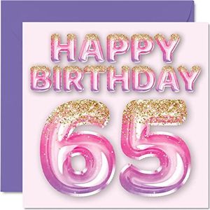 Verjaardagskaart 65 jaar dames - roze en paarse glitter ballonnen - verjaardagskaarten voor 65 jaar, moeder, oma, oma, tante, 145 mm x 145 mm, 65 mm