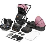 LIONELO Amber 3-in-1 combi-kinderwagen, sportstoel, vaste badkuip, autostoel, muggennet, XXL-dak met zonwering (roze)