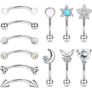 LOLIAS 12 stuks 16G Rook Daith oorbellen gebogen barbell roestvrij staal voor dames tragus piercing wenkbrauw buik ring lichaam piercing barbell banana piercing sieraden set 6-8 mm, roestvrij staal