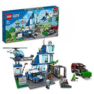 Lego 60316 City politiecommissariat autospeelgoed, vuilniswagen en helikopter, hondenfiguur, cadeau-idee voor jongens en meisjes, 6 jaar