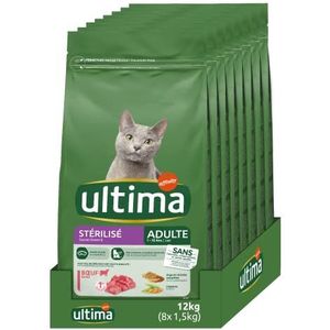 Ultima Droogvoer voor katten, gesteriliseerd, volwassenen, met rundvlees, 8 x 1,5 kg