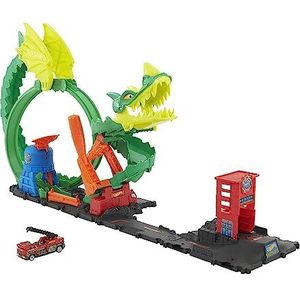 Hot Wheels City HJV70 Drakenaanval speelset, drakenaanval met stunts, verbindt met andere sets, bevat 1 Hot Wheels speelgoedauto, cadeau voor kinderen van 3 tot 8 jaar