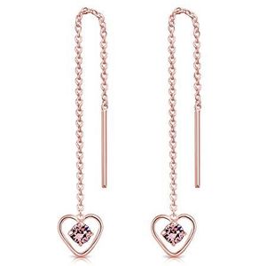 DTPsilver® Oorbellen met ketting van fijn 925 sterling zilver roségoud verguld - hart met mini 3 mm ronde kristallen van Swarovski® Elements - keuze uit verschillende kleuren, kristal sterling zilver,