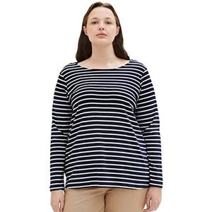 TOM TAILOR T-shirt à manches longues Plussize pour femme, 32397 - Bleu marine - Rayures blanc cassé, 48/grande taille