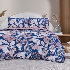 Sleepdown Tropical Palme omkeerbaar beddengoed beddengoed set 135 x 200 cm lichtroze marineblauw