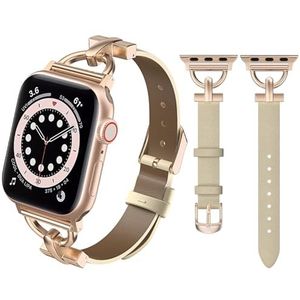 MoKo Armband compatibel met Apple Watch Series 9 8 7 6 5 4 3 2 1 SE 38/40/41 mm, echt leer, reservearmband met metalen D-gesp, verstelbare horlogeband voor dames, Starlight/roségoud