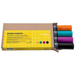 SIGEL BA011 - 4 stuks glas/whiteboard-marker, afwasbaar, inkt ""cap off"", ronde punten, Ø 2-3 mm, 4 kleuren (zwart/turquoise/magenta/oranje)