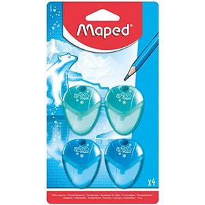 Maped - 4 stuks Igloo potloodslijper – 1 gat met transparante tank – puntenslijper voor kinderen – ergonomisch en compact – 2 blauw & 2 groen