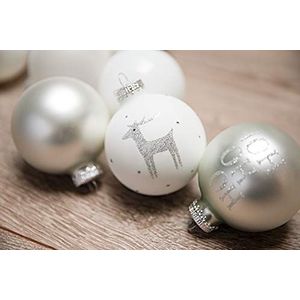 KREBS & SOHN 12 stuks glazen ballen kerstboomversiering om op te hangen kerstboomballen, witte zilveren glitter
