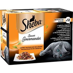 SHEBA Kattenmaaltijd – 72 schalen (6 verpakkingen 12 x 85 g) – kattenvoer in saus met groenten – konijn/forel/kalkoen/kip – compleet en uitgebalanceerd voer met natuurlijke ingrediënten