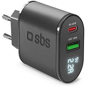 SBS Power Delivery wandlader 20 W met lcd-display, snellader voor mobiele telefoons en tablets met 1 USB-C-uitgang en 1 x 18 W USB-A-uitgang