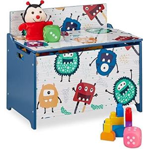 Relaxdays Design speelgoedkist Monster met deksel 50x60x36,5 cm MDF blauw wit