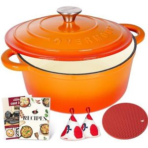 Overmont 5 liter ronde geëmailleerde gietijzeren braadpan met deksel en katoenen pannenlappen - anti-aanbak kookgerei voor stoven, stoofschotels, braden, brood bakken, oranje, 26 cm