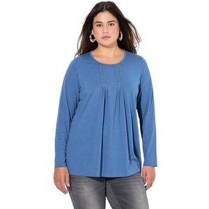 Ulla Popken T-shirt pour femme grandes tailles grandes tailles, plissé, perle, ligne A, manches longues, Bleu denim, 54-56