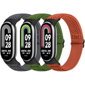 Bcuckood 3 stuks elastische armband compatibel met Xiaomi Mi Band 8, voor dames en heren, rekbaar, van zacht nylon, voor Xiaomi Mi Band 8, Geen edelsteen