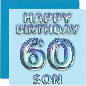 Verjaardagskaart voor zoon 60 jaar, blauwe glitterballonnen, verjaardagskaarten voor 60-jarige zoon van mama en papa, 145 mm x 145 mm