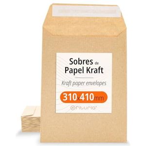 Enveloppes Kraft, avec bande de silicone pour invitations ou sachets-cadeaux pour invités lors de mariages, communions ou baptêmes. Enveloppes pour bijoux ou graines - Ofituria (310x410mm, 100 env.)