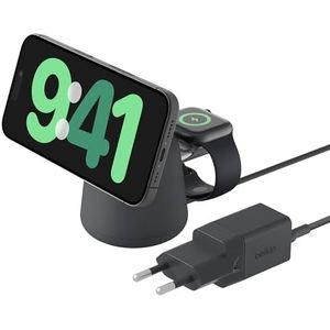 Belkin BoostCharge Pro 2-in-1 laadstation met MagSafe (draadloze oplader tot 15 W snel opladen, voor alle iPhone 16, 15, 14, 13, 12, AirPods en elk MagSafe-apparaat)