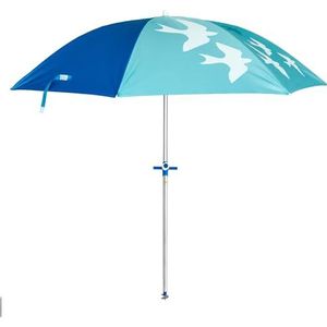 Strandparasol Ø 180 cm van staal, polyesterweefsel met UPF 50+ bescherming, piqué-systeem, met aluminium punt en controller, 8 stalen stangen 3 mm, kantelbaar, Blauw en blauw vogels, Kantelbaar