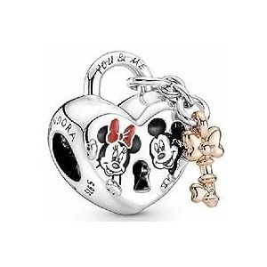 Pandora Disney Minnie en Mickey bedel hartvormig hangslot en sleutel van sterling zilver en 14-karaats roségoud verguld metaal met rood, wit en zwart email, E-mail, Zirkonia