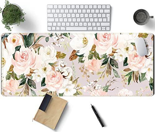Roze bloemen groene bladeren bureau muismat gaming muismat voor pc groot XL computer muismat met gestikte rand bureaudecoratie 80 x 30 cm