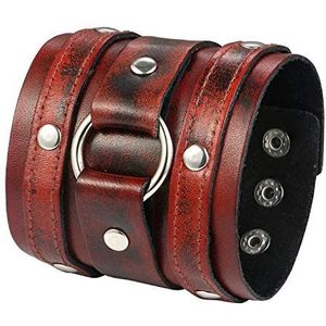 JewelryWe Heren sieraden brede gothic lederen band ring klinknagels leer gevlochten manchet drukknop punk rock biker verstelbare armband zwart/rood, Leer metaal