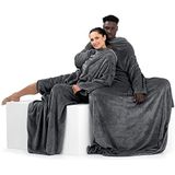 DecoKing 150 x 180 cm microvezel tv-mouw deken met mouwen en zakken, zacht fleece, met voetzak, grafiet, wollig