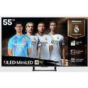 Hisense 55U7Q Téléviseur 55 "", 4K Mini LED ULED, Smart TV, moteur Hi-View AI Engine, 144 Hz Game Mode Pro, FreeSync Premium, intégré dans un caisson de basses intégré, Dolby Vision IQ Atmos, Airplay
