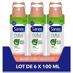 SANEX - Natur Protect Sensitive Compressed Deodorant Spray - Biologisch bamboe-extract & natuurlijk biologisch bamboepoeder - 48 uur geurbescherming - Voor de gevoelige huid - Veganistisch - Set van 6