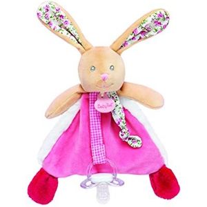 BABY NAT' - Knuffeldier met fopspeenketting - knuffeldier met fopspeen, konijn, pop, roze, oren en strikken, bedrukt, bloemen, cadeau-idee, geboorte, baby, meisje, BN0610