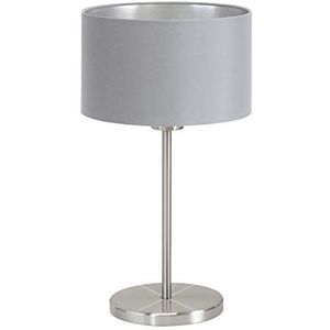 Eglo Maserlo, tafellamp van textiel met 1 ledlamp, bedlampje van staal en stof, kleur: nikkel mat, grijs, zilver. Fitting: E27, inclusief schakelaar