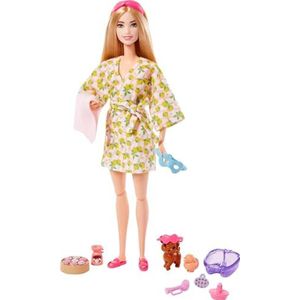 Barbie Poppen, kinderspeelgoed, blonde pop met puppy voor huisdieren, Barbie Day sets, Spa Day, badjas met citroenprint, hoofdband en oogmasker, serie Self-Care HKT90