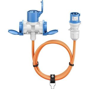 goobay Câble adaptateur CEE pour caravane, 10 m, prise CEE vers 1 prise CEE et 2 prises avec contact de protection, IP 44, câble de camping, camping-car et travaux 76266