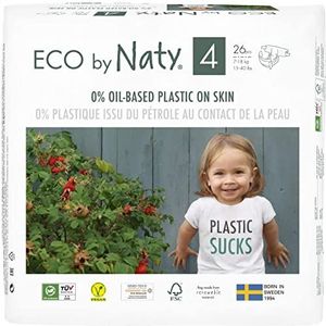 Eco by Naty, Maat 4: 26 luiers, 7-18 kg, plantaardige premium biologische luiers met 0% plastic op de huid.