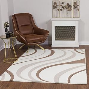 Surya Arles Abstract tapijt, modern zacht tapijt voor woonkamer, eetkamer, slaapkamer, abstract laagpolig tapijt voor eenvoudige verzorging, groot tapijt 150 x 80 cm, wit en bruin