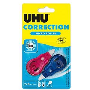 UHU Microcorrectieroller – correctietape snel, schoon en nauwkeurig, wit, 2 stuks van 8 m x 5 mm