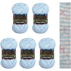 Wollbiene Crazy Cotton Batik 5 x 100 g, elk 500 gram met kleurverloop, 55% katoen, meerkleurig, wol voor breien en haken (6070 lichtblauw, lila kleur)
