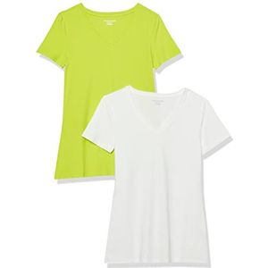 Amazon Essentials Dames T-shirt met V-hals en korte mouwen, klassieke pasvorm, limoengroen/wit, maat L