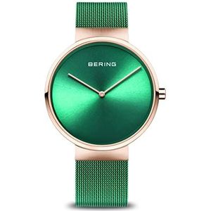 BERING Uniseks analoog kwarts klassieke collectie horloge met armband van roestvrij staal en saffierglas 14539, Groen/Rose Goud, ongeveer 39 mm