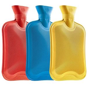 Warmwaterkruik voor warm water, multipack, grote capaciteit, 1,8 l, duurzame warmwaterkruik van natuurlijk rubber, zonder hoes (geel, oranje, blauw, 3 stuks)