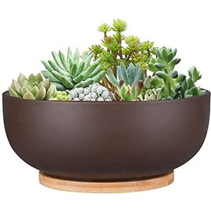 Thirtypot 25,4 cm (10 inch) terracottaplanten, grote vetplanten, bonsai-plantenpot, met drainagegat en bamboesauzen voor binnen en buiten, bruin