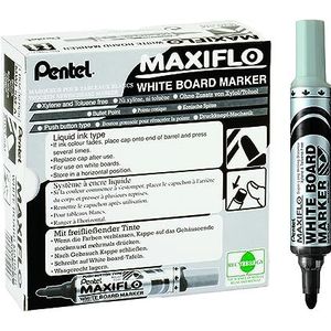 Pentel Maxiflo Whiteboard-markers, droog afwisbaar, brede ronde punt, vloeibare inkt, zwart, 12 stuks