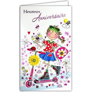 Afie 17-6035 Argus Happy Birthday, roze, glanzend, met binnenhouder, voor kleine meisjes, sneakers, step, bloemen, harten, regenboog, geïllustreerde kaart met witte envelop, 12 x 19,5 cm