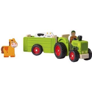 SirWood Playset Boerderij van hout – figuren, dieren en half van hout – tractor met 6 wielen en aanhanger 34 x 13 cm – kinderen 10 maanden – vroege kinderjaren – Globe Toys 41603