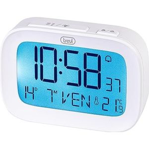 Trevi SLD 3850 Digitale wekker met geïntegreerde thermometer, groot lcd-display, klok en kalender, sluimerfunctie, wit