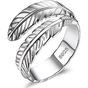 JeweBella Damesring van 925 sterling zilver, verstelbare veerring, open ring, bladeren, verlovingsring, bruiloft, voor dames en meisjes, Zilver